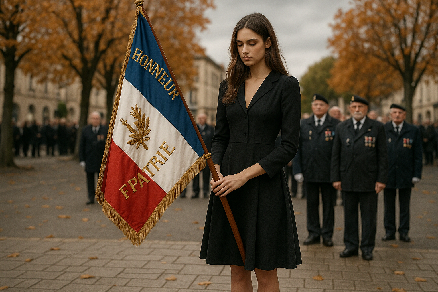 Femme tenant le drapeau du 60e régiment d'infanterie lors d'une cérémonie commémorative