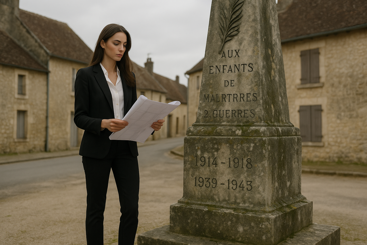 Architecte examinant un monument aux morts du Doubs en vue de sa restauration