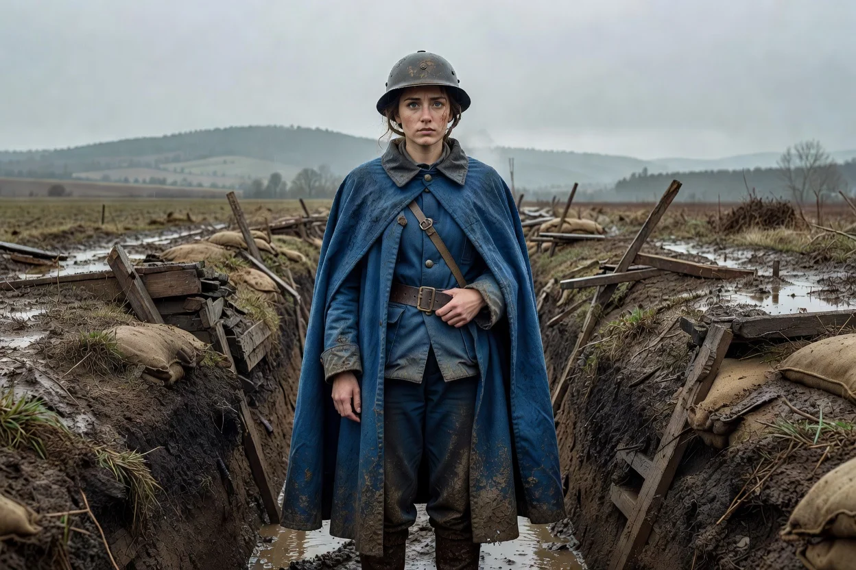 Jeune femme en uniforme bleu horizon et casque Adrian, reconstitution historique de la Grande Guerre dans le Doubs